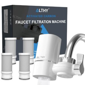 ALTHY T1 Filtro de torneira, sistema de filtragem de fibra de carbono ativado, sem BPA, remove cloro, metais pesados ​​e gosto ruim (4 filtros incluídos)